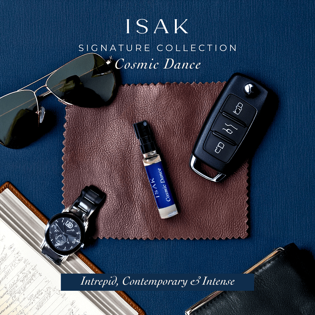 Cosmic Dance perfume mini bottle on maroon card, with key fob style holder